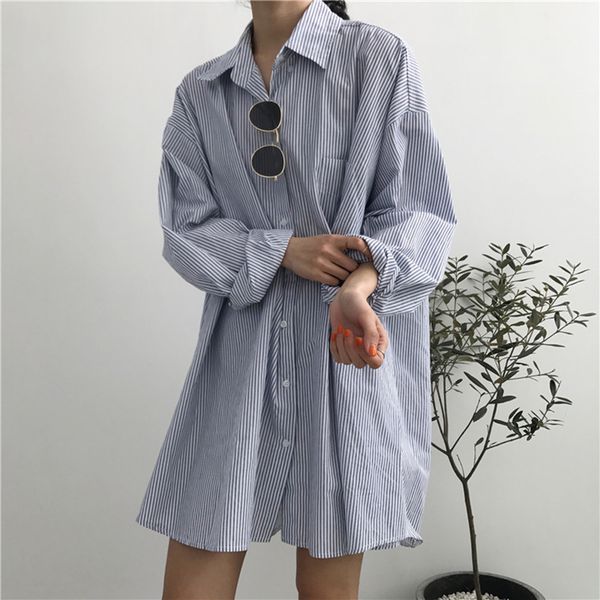 

striped long blouse women autumn korean shirts long sleeve turn down collar vintage shirt loose harajuku single-breasted new, White