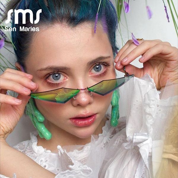 

women new fashion rimless sunglasses 2020 luxulry brand cat eye frameless alloy eyeglasses for female uv400 shades oculos de sol ch01, Blue