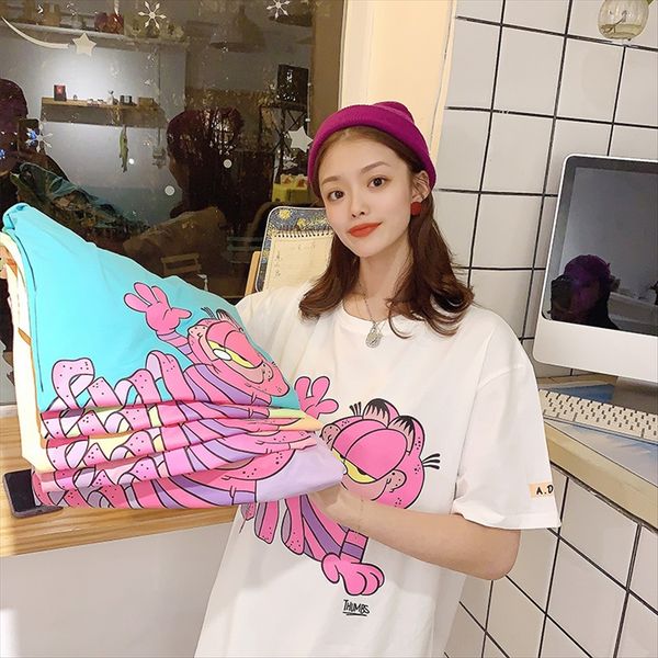

2020 round collar pure cotton women's loose casual cartoon t-shirt cotton t-shirt round collar printing short sleeve women, White