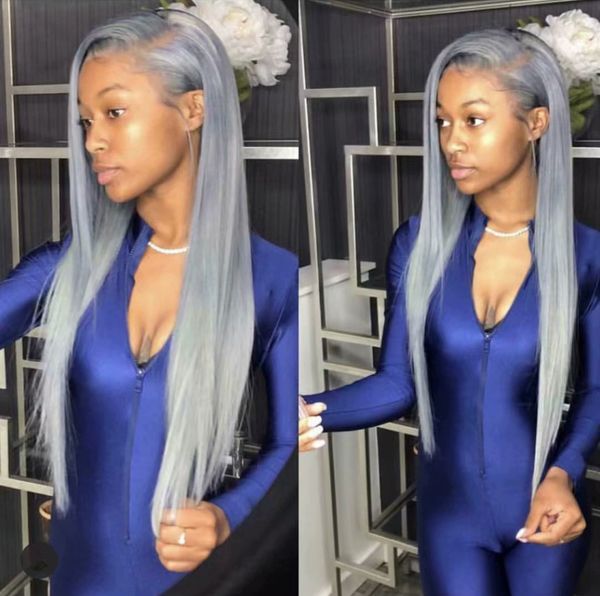 

Pure grey full lace human hair wig ilky traight ide part brazilian virgin hair 150 den ity pre plucked hairline lace front wig gluele