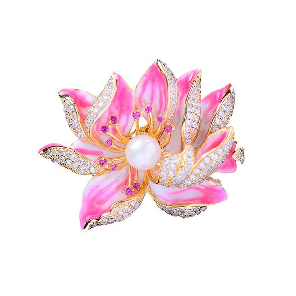 

gold tone pink enameled micro pave cubic zircon lotus flower brooches pearl lotus brooch pins r2295f, Gray