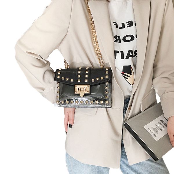 

small clear designer woman new fashion messenger bag chains shoulder bag female rivets transparent square pu handbag