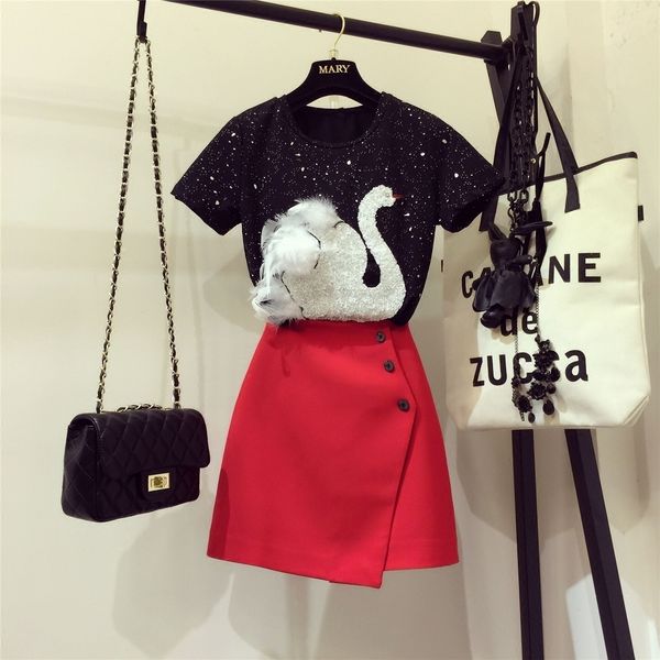 

women s designer 2 piece sets new 2019 fashion summer stereo swan embroidery t shirt a line skirt twinset skirt set, White