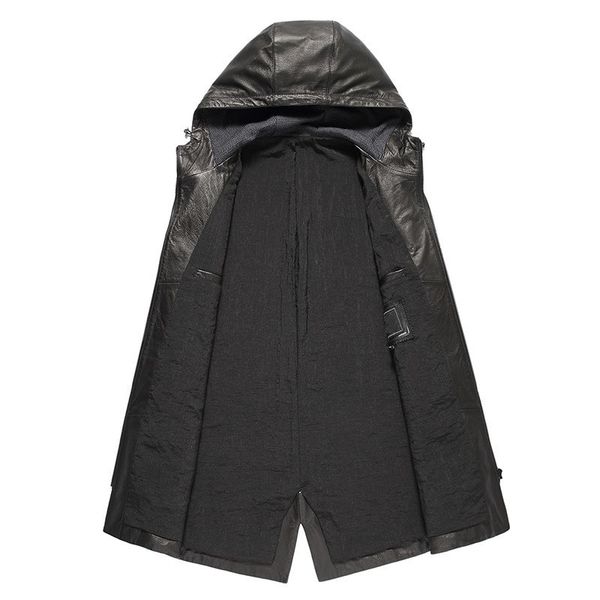 

for mens sheepskin jacket fashion real leather motorcycle jacket casual hoody leather trench long coats plus size, Black