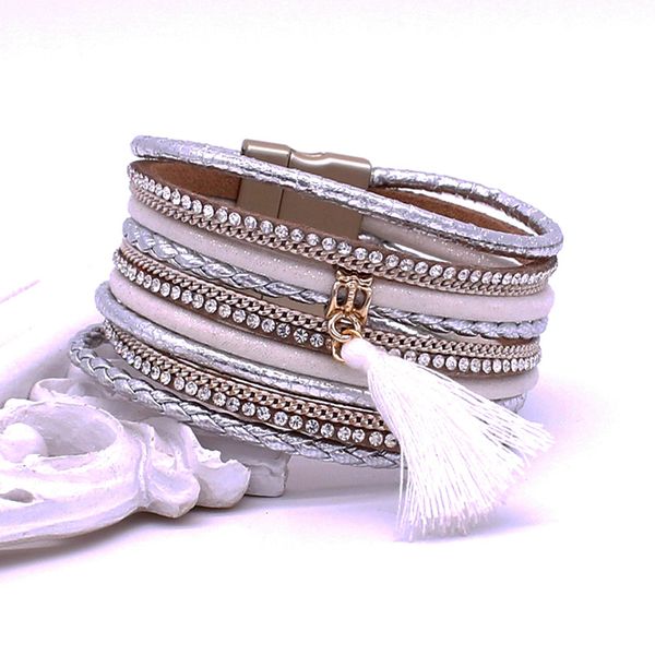 

bracelet multilayer leather rhinestone alloy tassel magnetic buckle bracelet fashion vintage white leather jewelry, Black