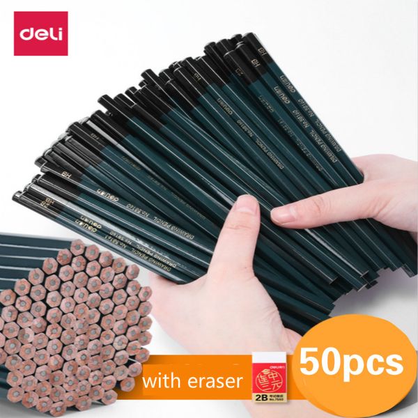 

deli pupils pencil children writing drawing art sketch hexagonal wood lead hb 2b pencil with eraser student stationery lapices