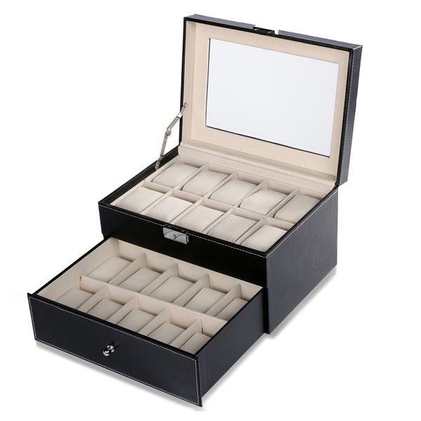 

fanala 24 grid/20 grid/10 grid watch box pu leather watch winder high capacity display box boite montre with glass window, Black;blue