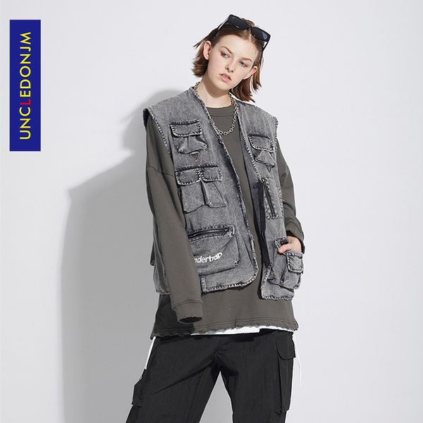 

uncledonjm pockets denim vests mens cargo waistcoat zipper jacket hip hop vintage streetwear tactical vest un- 6083, Black;white