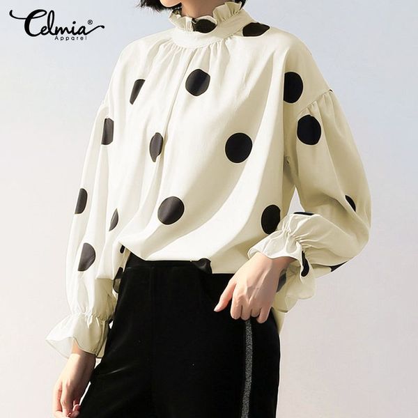 

2020 celmia women polka dot fashion shirt spring long lantern sleeve office blouse stand collar elegant ladies plus size, White