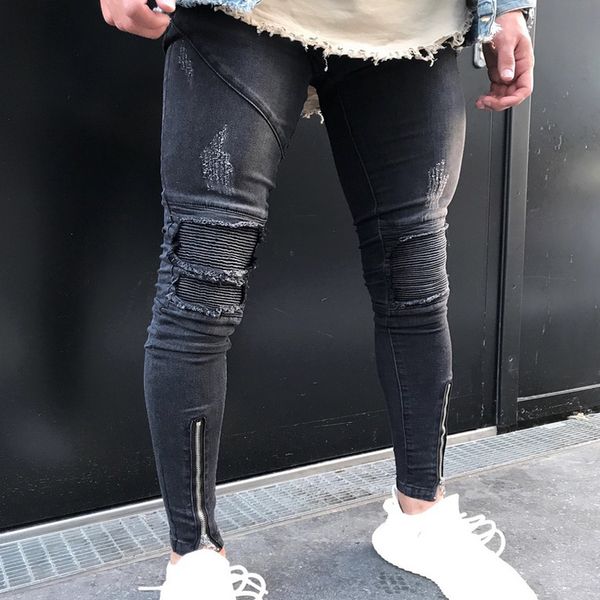 

new men ripped holes jeans zip skinny biker jeans black with pleated slim fit hip hop streetwear denim jogger pants trousers, Blue