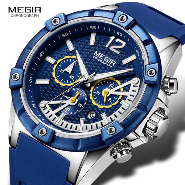 

megir army sports waterproof quartz wrist watches for men blue silicone satch relojios masculinos clock luminous 2083gbe-2, Slivery;brown