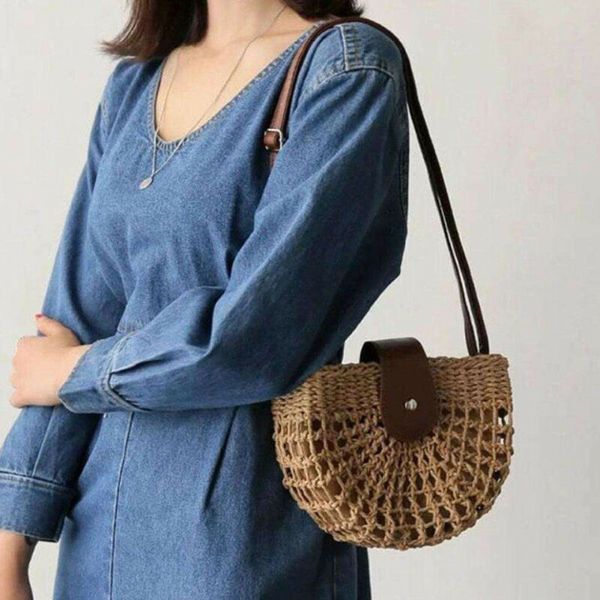 

women straw bag retro rattan handbag woven summer beach shoulder bags round tote straw rattan wicker sling bag beach clutch