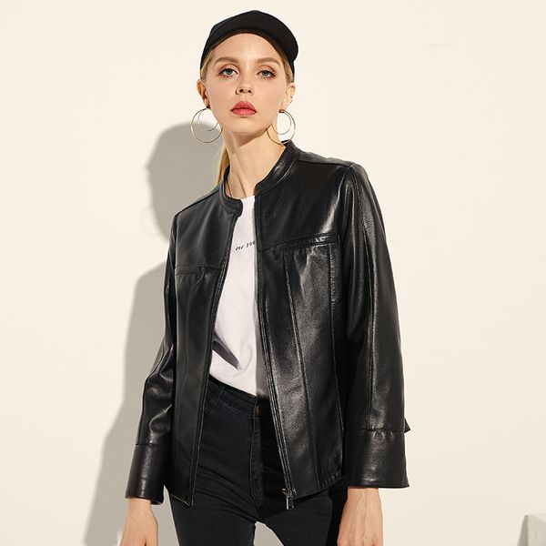 

haining 2018 new stand collar spring and autumn leather leather ladies sheepskin locomotive slim short jacket, Black