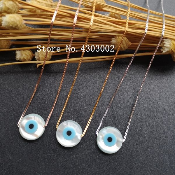 

promotion 925 sterling silver round pearl shell necklace adjustable round blue evil eye mop shell pendant for gift