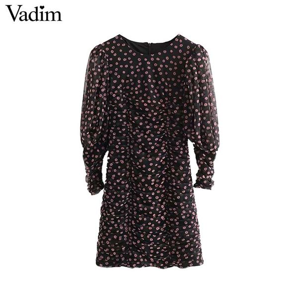 

casual dresses vadim women retro floral mini dress pleated design long sleeve stretchy slim fit female party club vestidos qd233, Black;gray