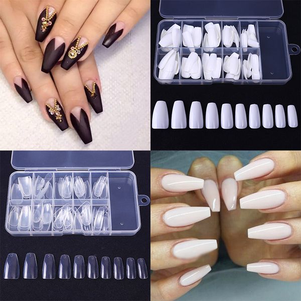 

100pcs/box transparent false nail tips natural white clear coffin shape long beauty full cover fake nail art tips decorations, Red;gold