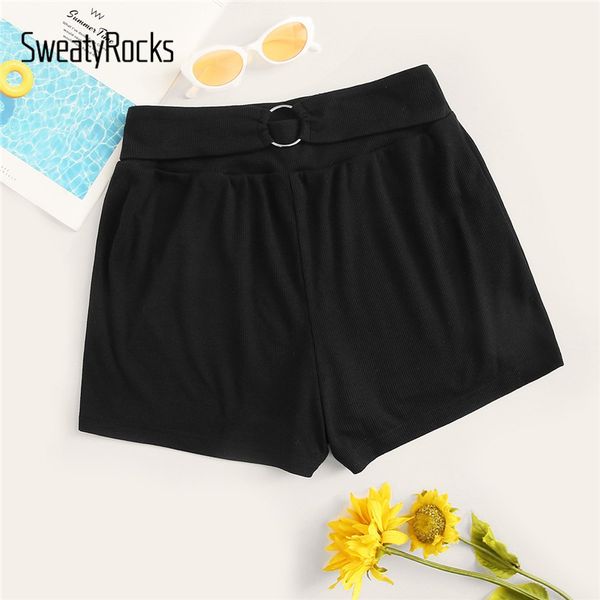 

sweatyrocks o-ring detail rib-knit shorts activewear women workout black shorts 2019 casual summer athleisure solid, White;black