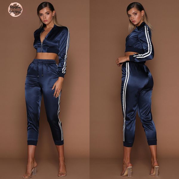 

зимний сатин наборы женщины молния сбоку осень нашивка tops crop шнурка середины теленок длина брюки sexy workout спортивных костюмы, White