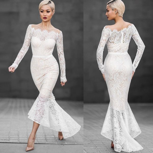 

white off shoulder maxi mermaid lace dress slim fishtail trumpet evening party dress long sleeve tunic vintage 2019 summer, Black;pink