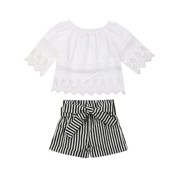 

1-6y toddler kids baby girls outfits clothes sets lace +stripe short pants 2pcs set, White