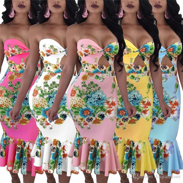 

women summer floral printed dress female night club strapless bodycon dresses fashion designer mermaid dresses, Black;gray