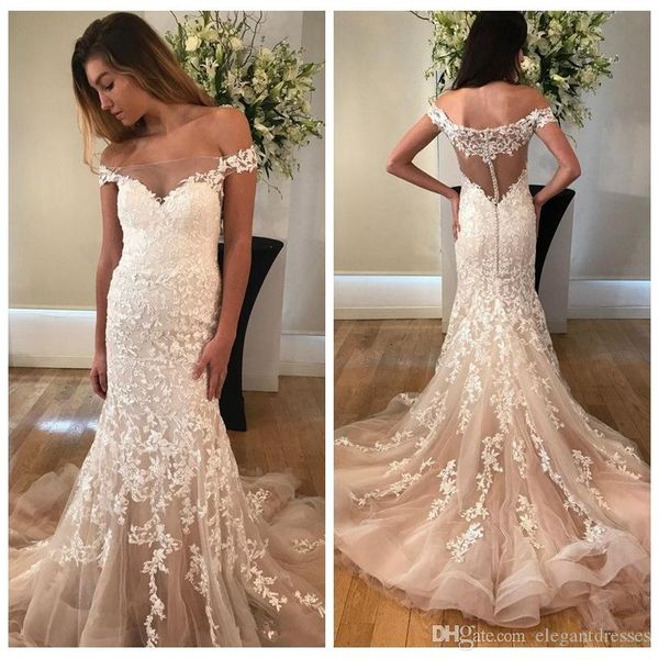 

модест русалка свадебные платья с открытыми плечами кружевные аппликации свадебное платье свадебные платья с короткими рукавами largo robe d, White