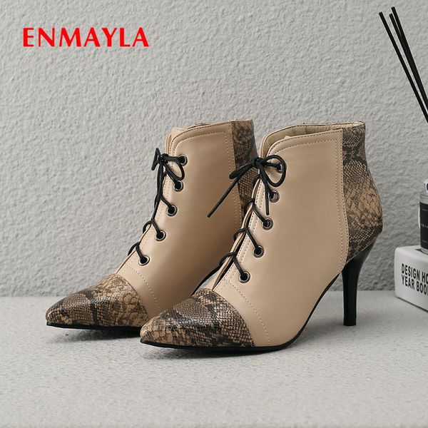

enmayla 2019 women shoes pu lace-up thigh high boots ankle boots for women pointed toe winter basic size 34-43, Black