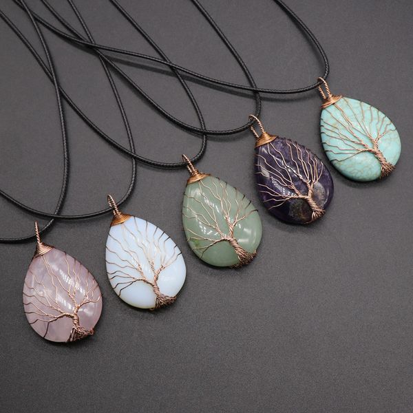 

natural stone pink quartz pendent necklaces women men handmade tree of life copper wire wrap water drop shape for women jewelry, Silver