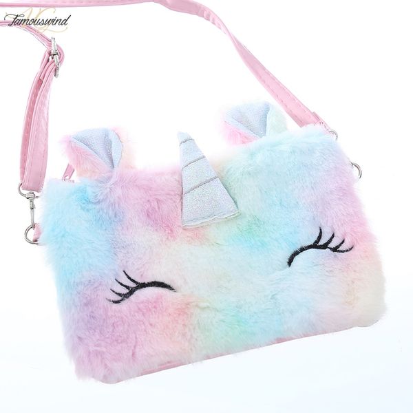 

student belt zipper cartoon unicorn shoulder bag corduroy girl preppy style plush crossbody bag for phone square rainbow fur flap purse