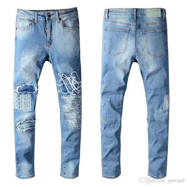 

2020 new fashion brand men's jeans hole print blue jeans slim hole jeans pop hole pants hip hop punk