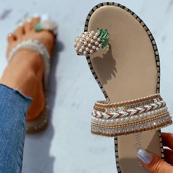 

women slippers women girls pearl flat bohemian style lady casual sandals fashion slipper beach shoes sweet sandalias slides 5.26, Black