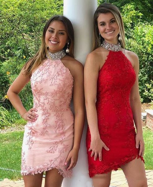 

3d floral lace fairy homecoming dresses halter neck short sheath beaded crystal sweet 16 cocktail party queen gowns custom made h012, Blue;pink