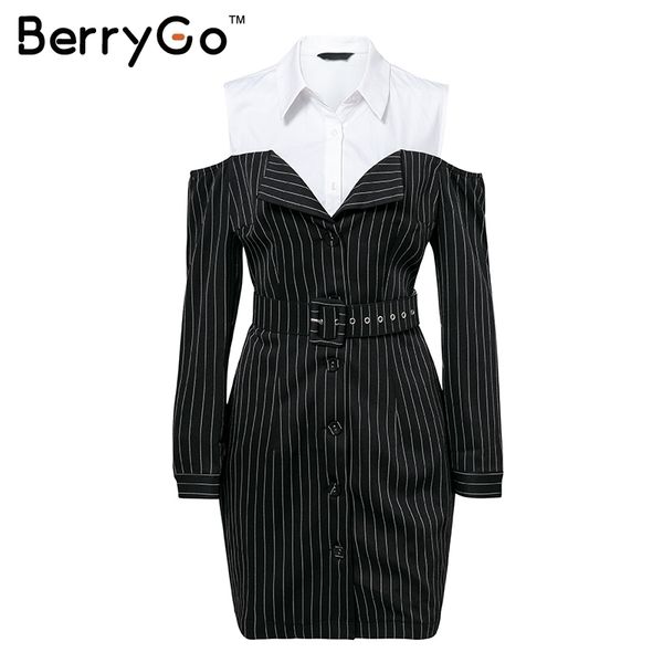 

berrygo casual stripe work office ladies women dresses elegant sash long sleeve mini autumn blazer winter dress shirt, Black;gray