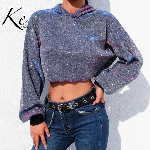 

ke hoodie for woman winter new women's hooded hit color long-sleeved loose casual nightclub laser jacket female, White;black