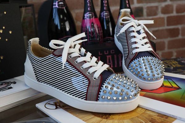 

original box] design spikes casual shoes red bottom sneakers shoes for women,men striap patent leather stud leisure flats r sale, Black
