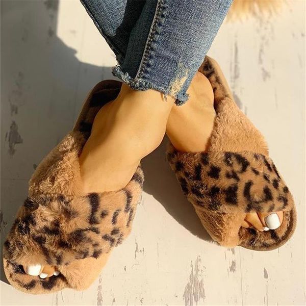 

women winter slipper flat leopard home slippers ladies indoor shoes fur warm slip on female slides plush plus size slippers, Black