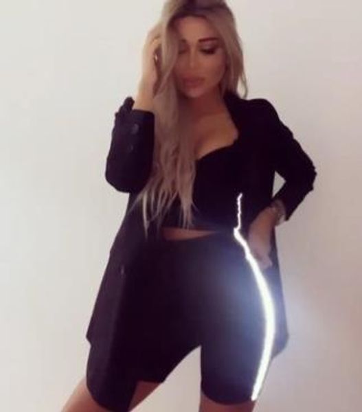 

3m reflective women tracksuits club crop shorts 2pcs clothing sets skinny slim fit candy color summer suits, Gray