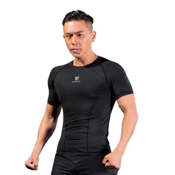 

fannai 2018 new arrival men short sleeve quick-dry breathable tight sports running fitness wear, Black;blue