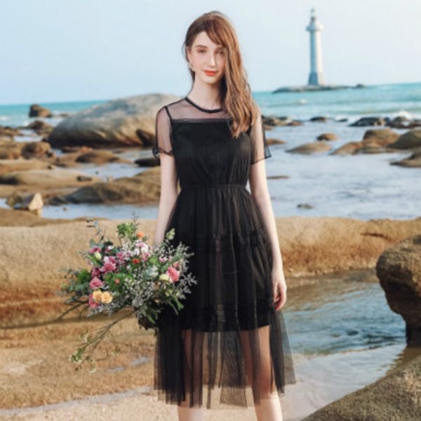 

fashion dress woman luxury clothes slim dress brand womens round neck one button net yarn a-line skirt 2020 summer new, Black;gray