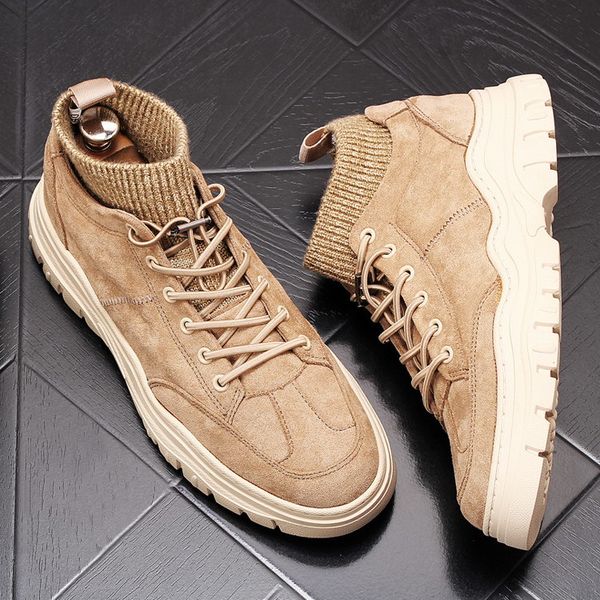 

errfc new arrival men's black leisure shoes designer round toe cow suede sock shoes for man lace up flat platform zapaos 39-43