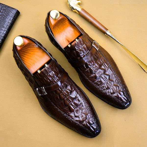 

genuine leather formal dress man monk strap shoes alligator pattern pointed toe belt handmade men's party footwear as154, Black