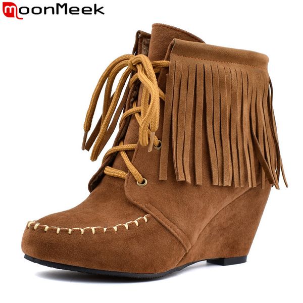 

moonmeek plus size 34-43 fashion ankle boots round toe fringe high heels wedges autumn winter boots lace up ladies prom, Black