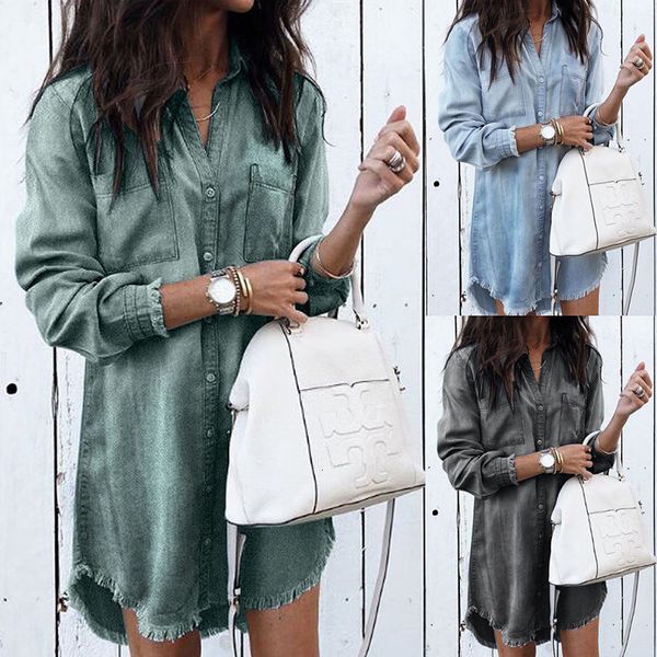 

womens clothing shirt dress women long sleeve loose denim dress 2019 summer casual female chic turn down collar shirt short dresses, Black;gray
