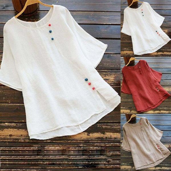 

plus size women loose plain ladies short sleeve linen tunic shirt tee, White