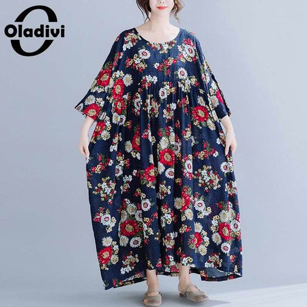 

oladivi oversized clothes plus size women fashion print maxi long dress ladies casual loose summer tunic dresses 9xl 8xl 7xl 6xl, Black;gray