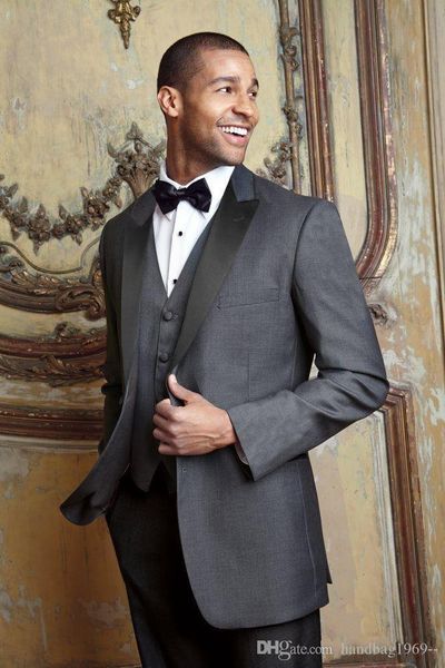 

customize two button dark grey groom tuxedos peak lapel mens wedding psrty prom dress suits (jacket+pants+vest+tie) d:140, Black;gray