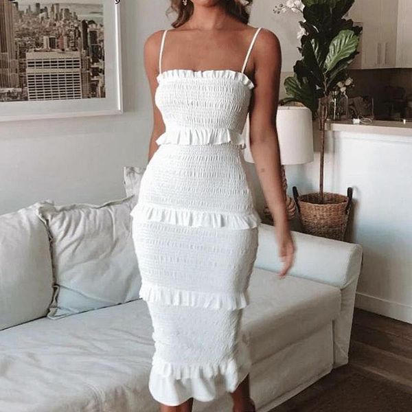 

casual dresses monerffi bodycon slim long dress women 2021 spaghetti strap twist summer party female ruffles vestidos plus size, Black;gray