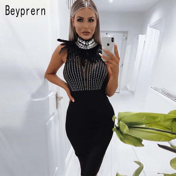 

beyprern glam black feathers patchwork crystal bandage dress summer womens mesh embellished bodycon party dress clubwears, Black;pink