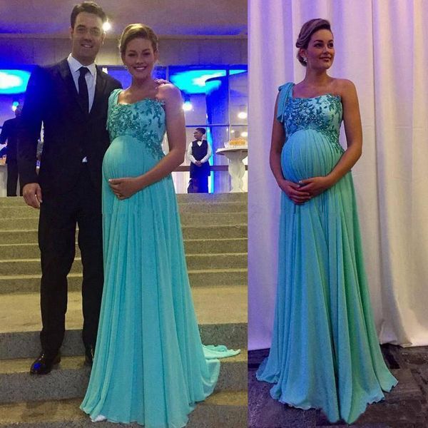 

elegant maternity evening dresses one shoulder lace applique zipper back vestidos de novia long sweep chiffon pregnant prom gowns bd8977, White;pink