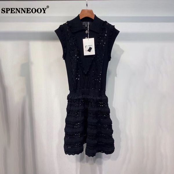 

spenneooy дизайнер пользовательских runway лето женский черный выдалбливают вязание midi платье женщины без рукавов ruffle sexy платье-футля, Black;gray
